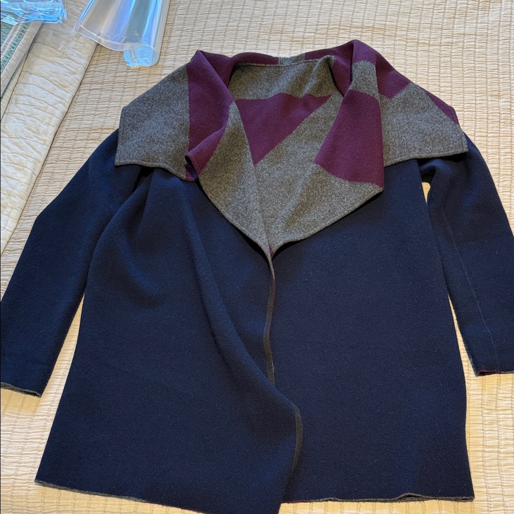 LaFayette 148 Reversible Cashmere Sweater Coat Burgundy Gray Navy Soft XL